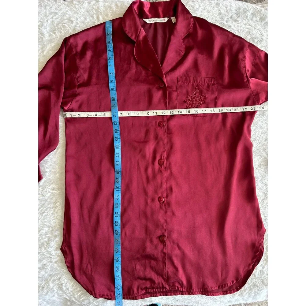 Victoria's Secret Y2K Burgundy Red Satin Nightgown Sleep Shirt Button Down - Med